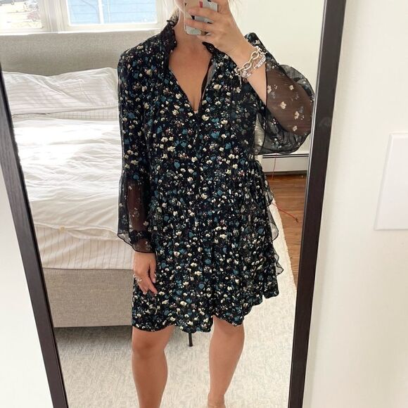 ZARA Floral Printed Lace Mini Long Sleeve Dress with Frills - Picture 4 of 11